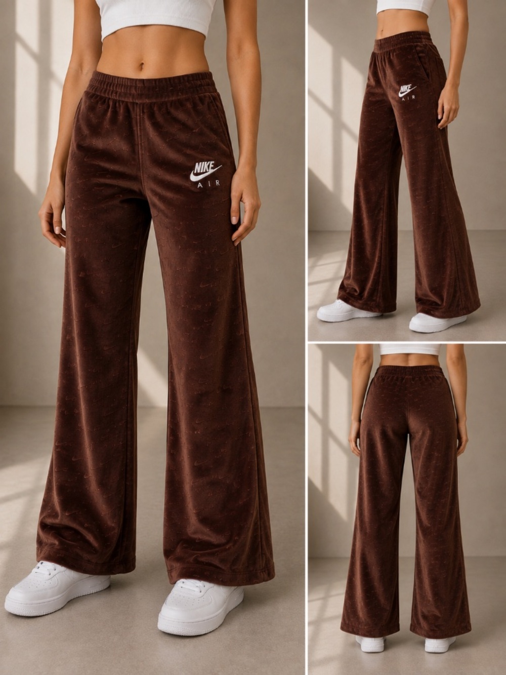 Nike Air velour embroidered wide leg brown pants, women’s xs